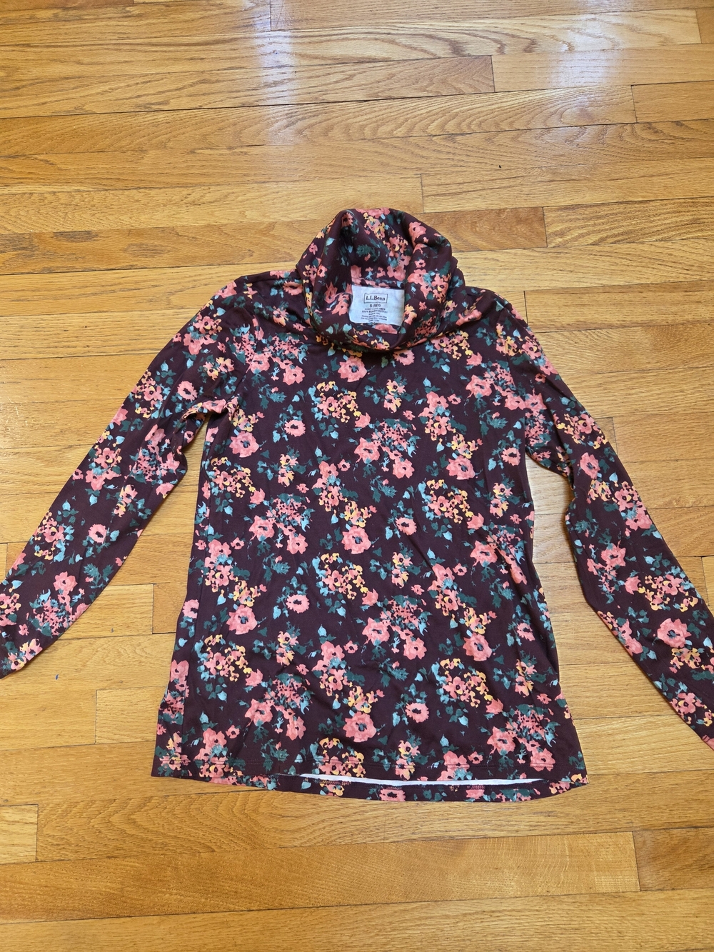 L.L. Bean Floral Turtleneck Top in Burgundy with Pink & Teal Accents